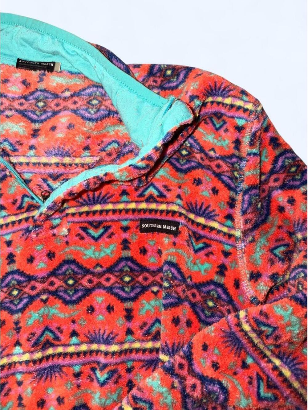 Southern Marsh red, blue, and teal geometric pattern fleece pullover #geometric - Picture 4 of 7